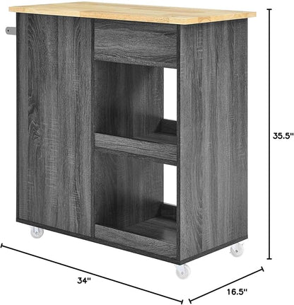Modway Culinary Rolling Kitchen Cart with Storage in Charcoal Natural - 3 Tiers Kitchen Island on Wheels with Towel Bar, Functional as a Coffee Station, Bar Cabinet or Butcher Block Island