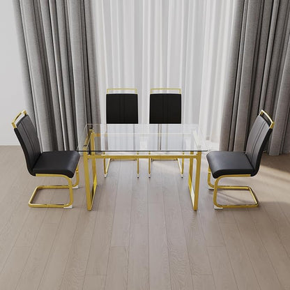 Goujxcy Glass Dining Table Modern 51'' Rectangle Kitchen Table for 4 with Tempered Glass Tabletop and Metal Legs for Kitchen, Dining Room, Restaurants (Gold)