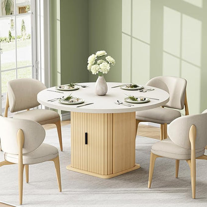 IRONCK 47 Inch Round Dining Table for 4, Modern Farmhouse Kitchen Table with Storage Shelf and Quartz Top, Circle Dinner Table with Wooden Base and Wood Slide Doors for Kitchen Dining Room, Oak