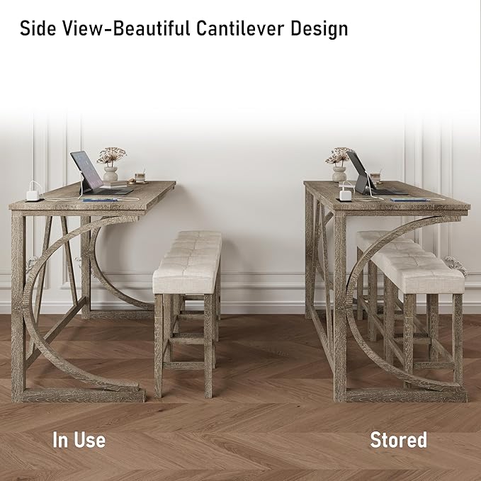 allamazing 4-Piece Counter High Bar Table Set with Socket and 3 Fabric Padded Bar Stools, Tall Kitchen Breakfast Nook with Stool (1+3 Natural)