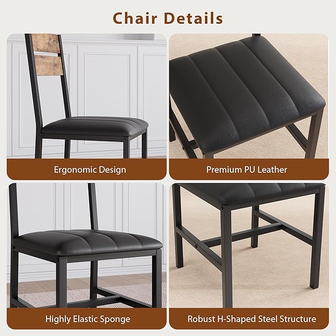 MapleGrace Dining Table Set for 4, Extendable Kitchen Table with 4 PU Leather Upholstered Dining Room Chairs, Wood Kitchen Table Set with Built-in Storage Rack for Dining & Small Spaces, Rustic Brown