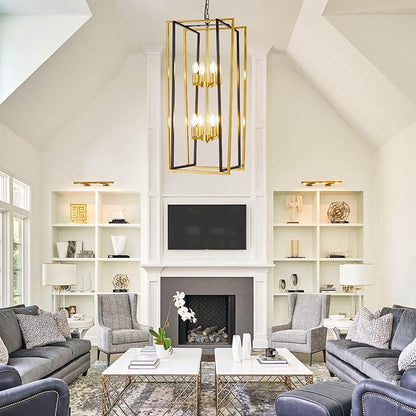 Black and Gold Chandelier, 8-Light Tiered Lantern Pendant Light Fixtures, Industrial Foyer Lighting Fixtures, Large Long Chandeliers for High Ceilings, Farmhouse Chandelier for Staircase, Entryway