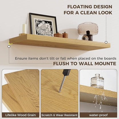 Fun Memories Deep Floating Shelves, 36" W x 12" D Wood Floating Shelves for Wall, 2 Pack Extra Deeper & Thicker Wall Mounted Storage Shelf for Living Room Laundry Room Kitchen Home Office, Oak