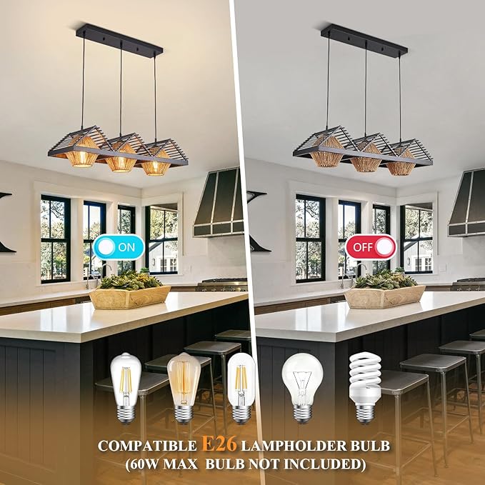 3-Lights Boho Chandelier,Dining Room Light Fixtures Over Table with Handwoven Shade, Rustic Pendant Lights for Kitchen Island,Adjustable Height Hanging Light