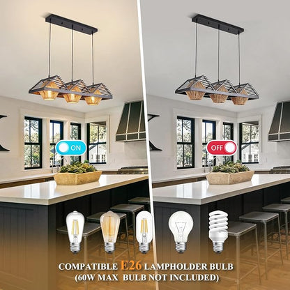 3-Lights Boho Chandelier,Dining Room Light Fixtures Over Table with Handwoven Shade, Rustic Pendant Lights for Kitchen Island,Adjustable Height Hanging Light