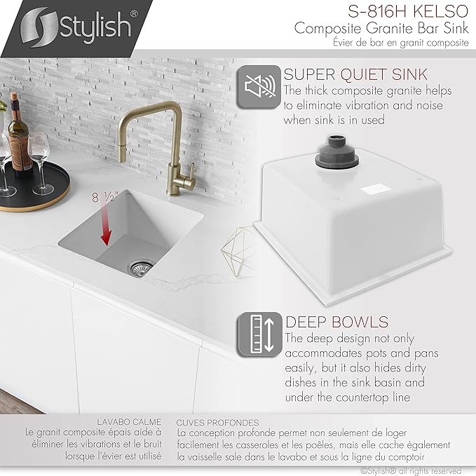 Stylish 15.5 x 17.5 Inch Composite Granite Kitchen or Bar Sink, Single Bowl Under Mount & Drop in, 8.5 in Deep, Rear-Center Drain, with Strainer, White, S-816H