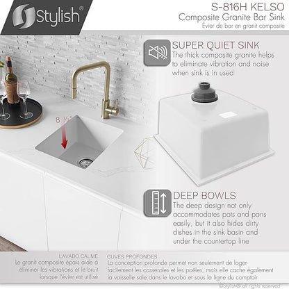 Stylish 15.5 x 17.5 Inch Composite Granite Kitchen or Bar Sink, Single Bowl Under Mount & Drop in, 8.5 in Deep, Rear-Center Drain, with Strainer, White, S-816H