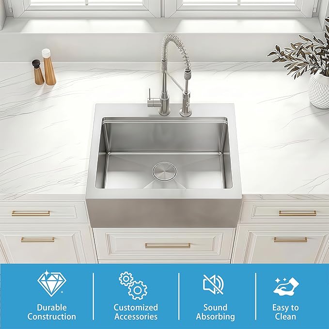 26 Inch Farmhouse Sink, 16 Gauge 304 Stainless Steel Farm Sinks, Drop In Topmount Single Bowl Workstation Sink with all Accessories, 26" x 22" x 10" Deep Kitchen Sink