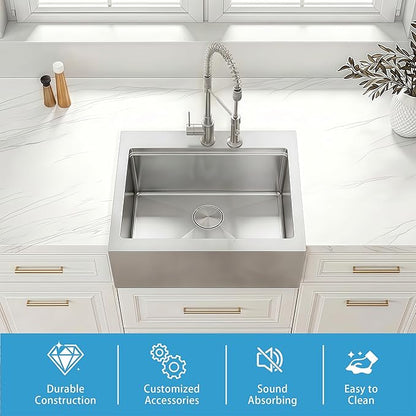 26 Inch Farmhouse Sink, 16 Gauge 304 Stainless Steel Farm Sinks, Drop In Topmount Single Bowl Workstation Sink with all Accessories, 26" x 22" x 10" Deep Kitchen Sink