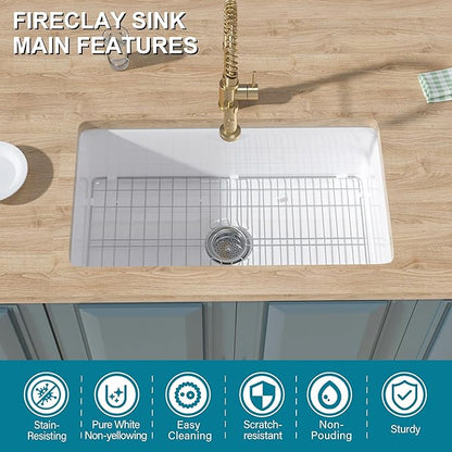 Undermount Kitchen Sink White 32 x 19 Inch, Fireclay Topmount Sink Drop In Single Bowl, with Custom Accessory 2 Types, Dual Mount, for Kitchen, Pure White