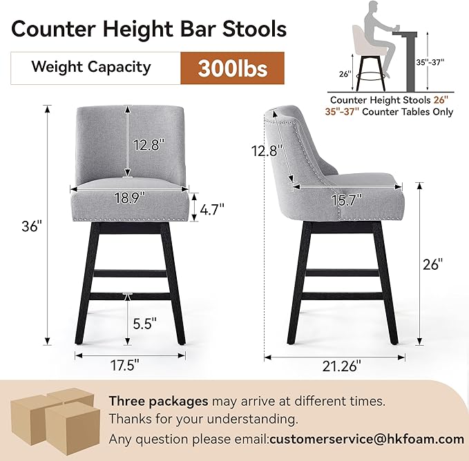 Counter Height Swivel Bar Stools Set of 6, Modern Linen Fabric Swivel Barstools with Back and Wood Legs, Upholstered 26" Seat Height Counter Stools for Kitchen Island, Home Bar, Grey