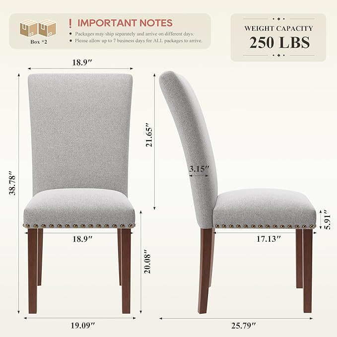 COLAMY Upholstered Parsons Dining Chairs Set of 4, Fabric Dining Room Kitchen Side Chair with Nailhead Trim and Wood Legs - Light Grey