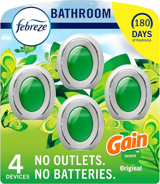 Febreze Bathroom Air Freshener, Odor-Fighting, Plug In Alternative, Air Fresheners for Small Spaces in Home, Bathroom, Kitchen, & Closet, Pet & Litter Box Odor Fighter, Gain Original Scent, 4ct