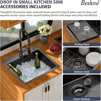 21 Inch Drop In RV Bar Sink - Beslend 21x20x9 Gunmetal Black Topmount Sink for RV Camper, Outdoor Kitchen Sink Black Stainless Steel Wet Bar with Roll-up Rack, Drain Assembly & Rinse Grid