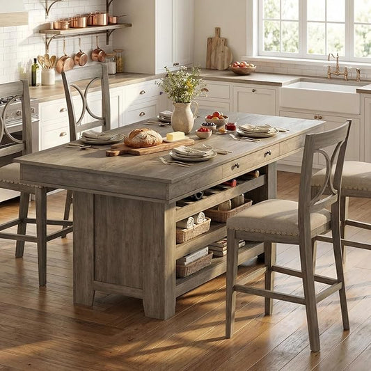IDEALHOUSE 60" Wood Dining Table for 4-6, Counter Height Kitchen Table with Wine Rack and 2 Drawers, Open Shelves and Sturdy Legs, 4-Tier Stationary Kitchen Island for Dining Room and Kitchen