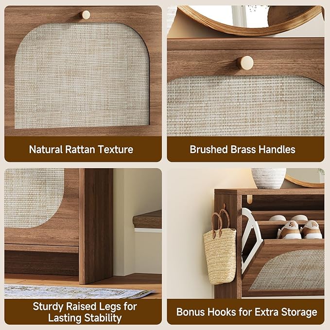 Nicetree Freestanding Arched Rattan Accent Ultra Slim Shoe Cabinet for Entryway - 4 Flip Drawers & 3-Tier Adjustable Shelves, Farmhouse Modern Rustic Shoe Rack for Hallway, Foyer, Living Room