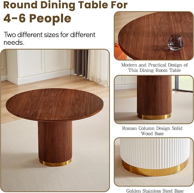 Round Dining Table Set for 6, 46.46" Modern Farmhouse Dining Table and 4 Leather Dining Chair, Circle Kitchen Tables with Wood & Gold Stainless Steel Base for Living Room, Kitchen, Brown