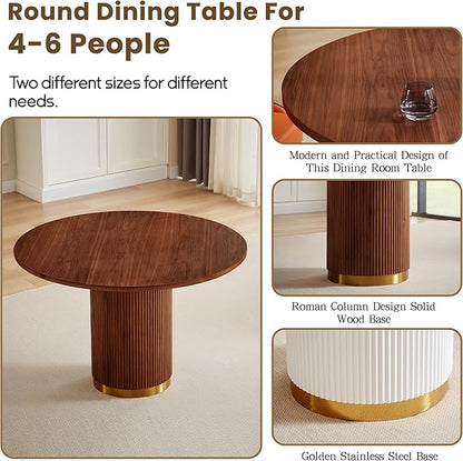 Round Dining Table Set for 6, 46.46" Modern Farmhouse Dining Table and 4 Leather Dining Chair, Circle Kitchen Tables with Wood & Gold Stainless Steel Base for Living Room, Kitchen, Brown
