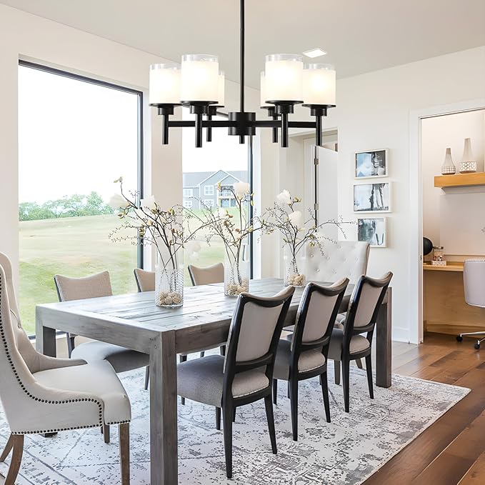 6-Light Black Chandelier for Dining Room Kitchen Island,Modern Farmhouse Pendant Lighting Over Table with Glass Shades,Industrial Metal Hanging Ceiling Light Fixture for Bedroom Hallway