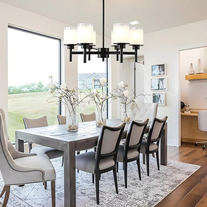 6-Light Black Chandelier for Dining Room Kitchen Island,Modern Farmhouse Pendant Lighting Over Table with Glass Shades,Industrial Metal Hanging Ceiling Light Fixture for Bedroom Hallway