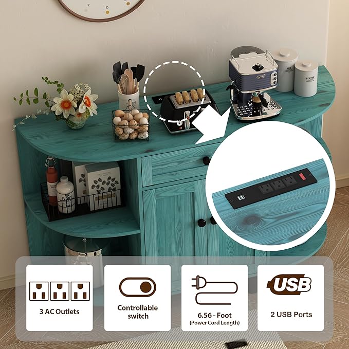 Sideboard Buffet Cabinet with Power Outlet,Freestanding Kitchen Cabinet with Storage,Accent Coffee Bar with Doors,Vintage Blue