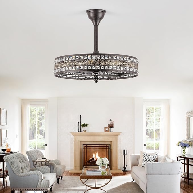 Art Deco Chandelier Light Fixture, 8-Light 24 Inch Large Unique Crystal Fandelier Ceiling Fan with Light, Transitional Art Nouveau Bladeless Enclosed Caged Pendant for Living , Dining , Bedroom