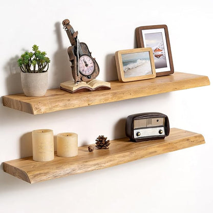 Fun Memories Floating Shelves for Wall Decor Set of 2-32 Inch Solid Elm Wood Live Edge - Rustic Natural Wall Shelves with Invisible Brackets - for Living Room, Bedroom, Kitchen - Natural Finish
