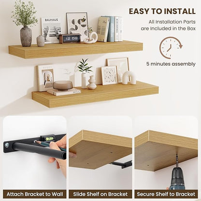 Fun Memories 48 Inch Floating Shelves for Wall - 12 Inch Deep Fireplace Mantel Shelf - Wood Floating Shelf for Wall - Large Storage Shelves Wall Mount for Living Room & Bedroom - Oak - Set of 2