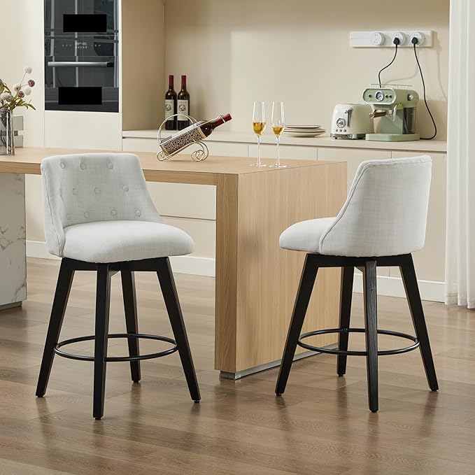 25" Swivel Bar Stools Set of 2-Modern Counter Height Chairs with Linen Upholstery&Button Tufted Back, Solid Wood Frame Barstools for Kitchen Island,for Living Room