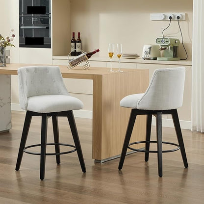 25" Swivel Bar Stools Set of 2-Modern Counter Height Chairs with Linen Upholstery&Button Tufted Back, Solid Wood Frame Barstools for Kitchen Island,for Living Room