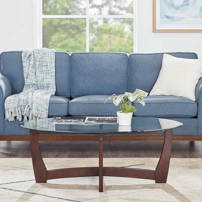48" Oval Coffee Tables, Modern Center Table with Tempered Glass Tabletop Cross and Solid Wood Base, Small Space Coffee Table for Living Room Cherry