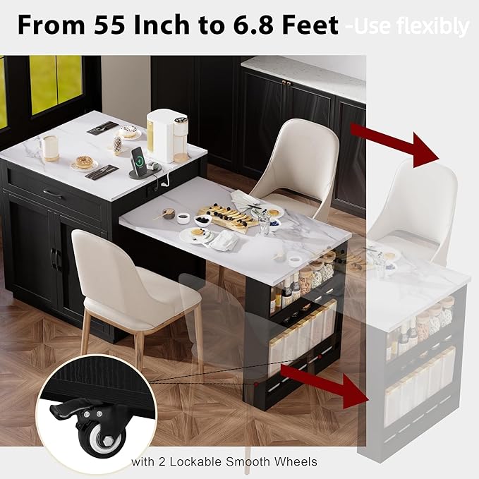 82.7"-56" Kitchen Island with Extendable Dining Table, Faux Mable Kitchen Cart with Power Outlet, Double-Sized Storage, Rolling Kitchen Table with Storage 2 Drawers 2 Side Open Shelves, Black