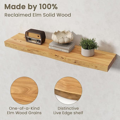 Fun Memories Floating Shelves for Wall Decor Set of 2-36 Inch Solid Elm Wood Live Edge - Rustic Natural Wall Shelves with Invisible Brackets - for Living Room, Bedroom, Kitchen - Natural Finish