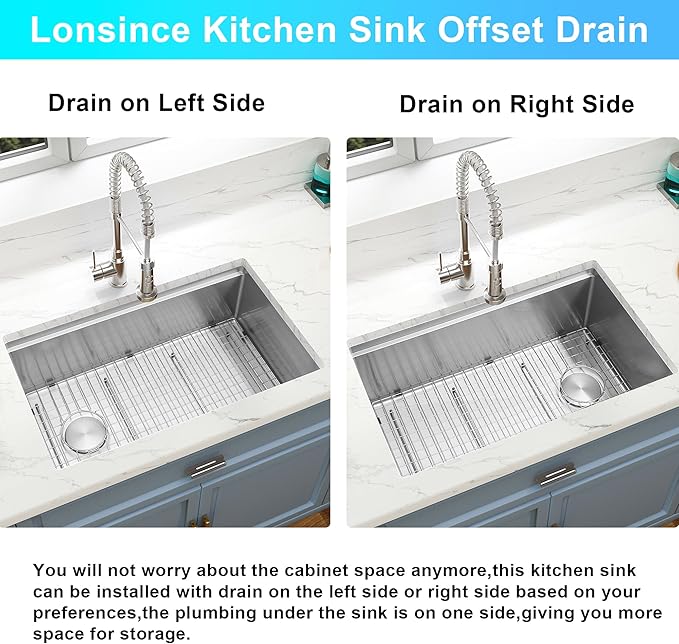 Undermount Kitchen Sink 30 inch,16 gauge Stainless Steel Workstation Sink,Deep and Large Single Bowl Kitchen Sinks Offset Drain (30" X 18")