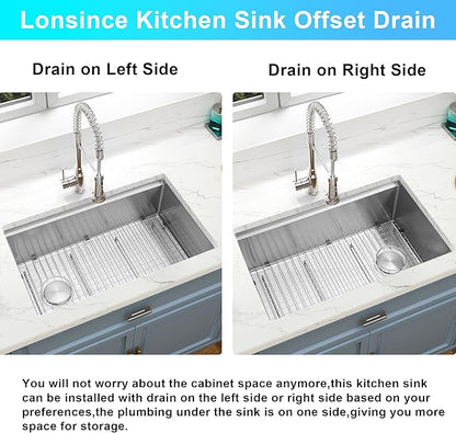 Undermount Kitchen Sink 28 inch,16 gauge Stainless Steel Workstation Sink,Deep and Large Single Bowl Kitchen Sinks Offset Drain (28" X 18")