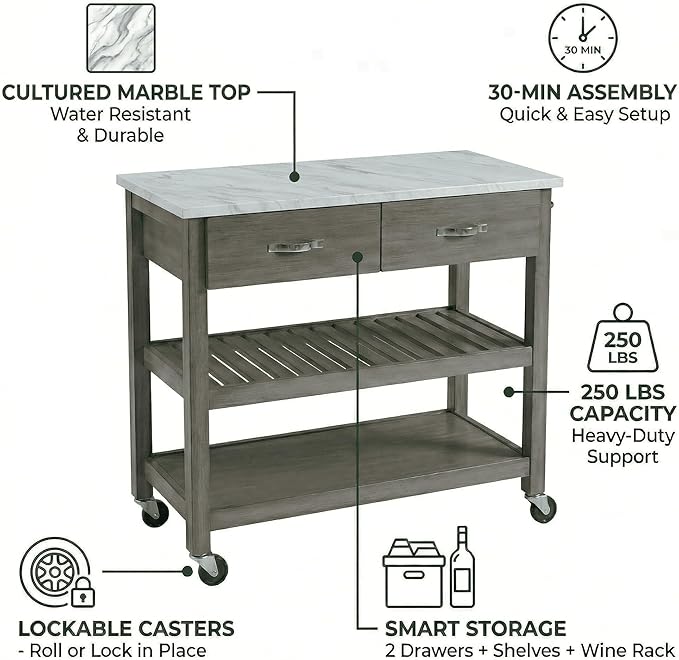 Casaphoria Amanda Collection Solid Wood Kitchen Island, 42" Butcher Block Cart with Cultured Marble Top & Locable Wheels, Prep Table for Small Spaces (Weathered Gray)