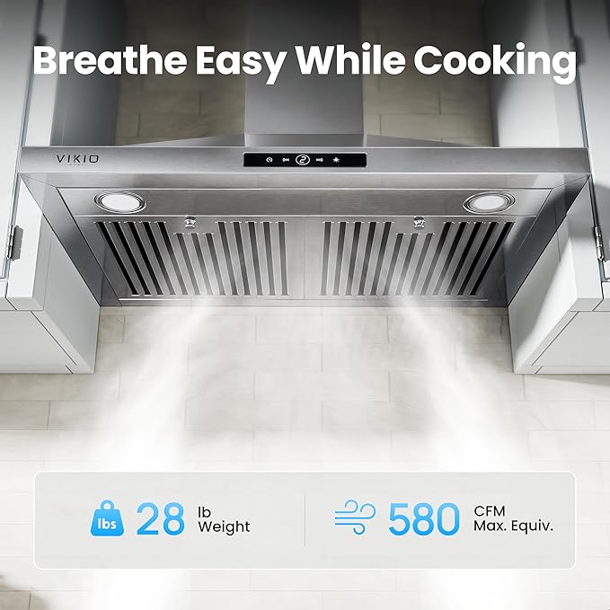 VIKIO HOME Wall Mount Range Hood 30 inch, 580 CFM, Ducted/Ductless Convertible, Stainless Steel Kitchen Vent Hood with 3-Speed Fan and LED Lights