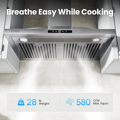 VIKIO HOME Wall Mount Range Hood 30 inch, 580 CFM, Ducted/Ductless Convertible, Stainless Steel Kitchen Vent Hood with 3-Speed Fan and LED Lights