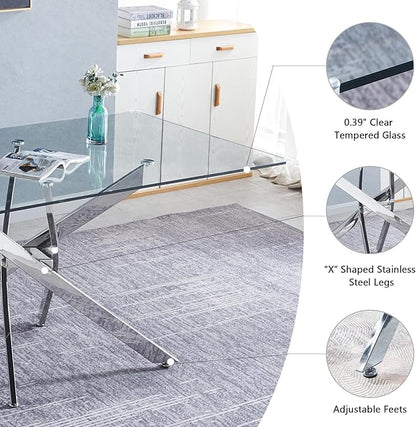 51" Glass Dining Table for 4-6, Modern Dining Room Table with 0.39" Tempered Glass Top and Cross X-Shaped Silver Stainless Steel Base, Rectangle Kitchen Dinner Table for Dining Room