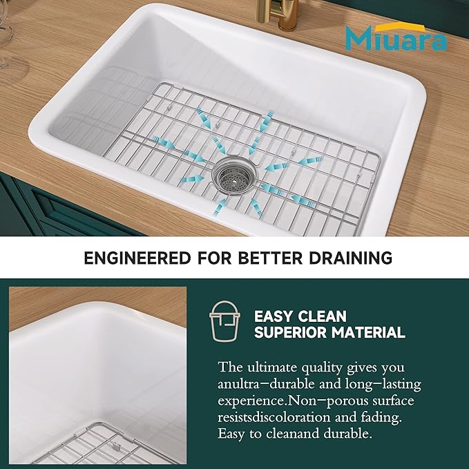 Miuara White Undermount Kitchen Sink 27 Inch - Topmount Fireclay Drop In Sink 27"x19"x10", Dual Mount Heavy Duty Deep Single Bowl, w 2 Accessories, Glossy White, for Kitchen & Laundry & Small Space