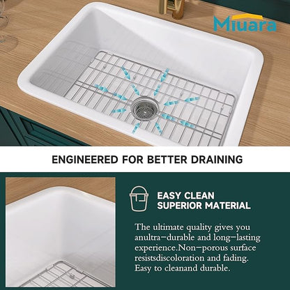 Miuara White Undermount Kitchen Sink 27 Inch - Topmount Fireclay Drop In Sink 27"x19"x10", Dual Mount Heavy Duty Deep Single Bowl, w 2 Accessories, Glossy White, for Kitchen & Laundry & Small Space