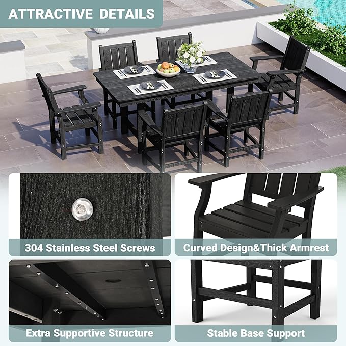 Pamapic 7 PCS Outdoor Dining Set, Spacious HDPE Outdoor Table and Chairs, Wood Grain Patio Furniture Sets with Elegant Armrest, All-Weather Patio Dining Table with Umbrella Hole, Black