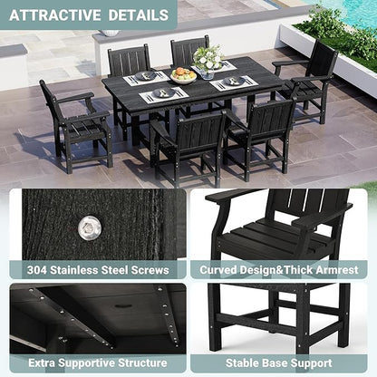 Pamapic 7 PCS Outdoor Dining Set, Spacious HDPE Outdoor Table and Chairs, Wood Grain Patio Furniture Sets with Elegant Armrest, All-Weather Patio Dining Table with Umbrella Hole, Black