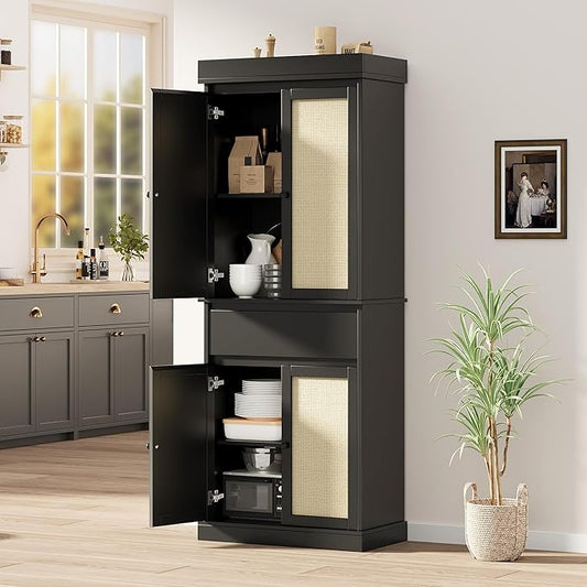 IDEALHOUSE Pantry Cabinet,70" Tall Kitchen Pantry Cabinet with 4 Doors and 3 Adjustable Shelves, Freestanding Cupboard, Modern Storage Cabinet for Bathroom, Dining Room, Living Room， Black Rattan