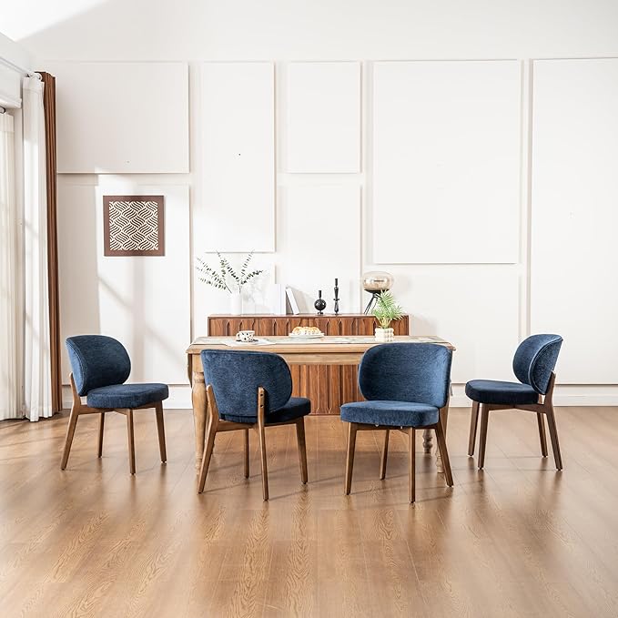 YOUNIKE Dining Chair with High Back Set of 8 Mid Century Modern Kitchen Chair Boucle Fabric Upholstered Armless Accent Chair 20" Wide Padded Seat with Wooden Legs for Living Room Bedroom Navy Blue