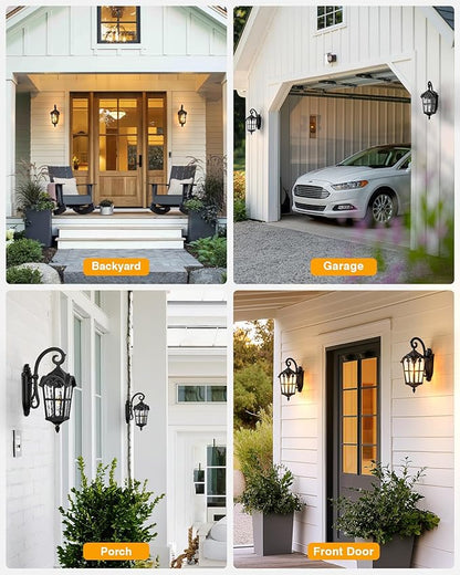 VIANIS Outdoor Lights for House, Black Dusk to Dawn Outdoor Lights with Gold Trim, 2-Pack Modern Outside Wall Light, Coach Lighting for Garage with Ripple Glass, Aluminum Waterproof and Anti-Rust