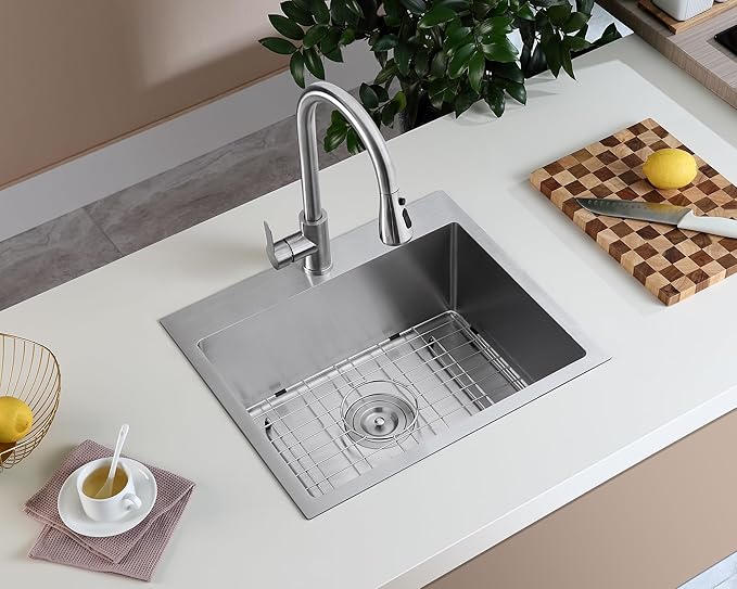 MENATT 22x18 Inch Drop in Kitchen Sink, 304 Stainless Steel Single Bowl with Bottom Grid Mat, Sound Proof & Anti-Condensation Coating, X-Shape Fast Drain, Deep 9" Basin for Compact Kitchen, Bar, RV