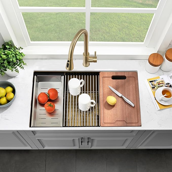 30 Inch Undermount Gold Kitchen Sink-Bokaiya Stainless Steel Undermount Workstation Sink 16 Gauge 10 Inch Deep Single Bowl Undermount Kichen Sink with Cutting Board