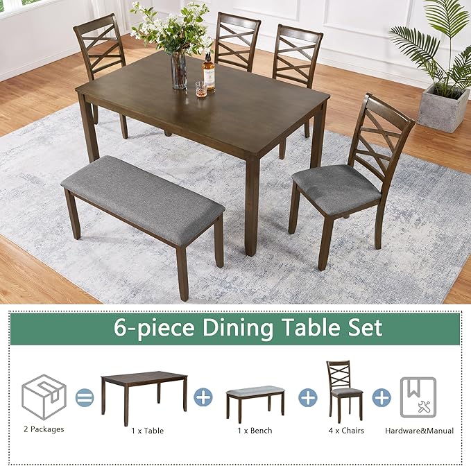 6 Piece Wooden Dining Table Set with 4 Chairs and a Bench, Rectangular Kitchen Table Set for 6 People, Modern Dining Room Table Set for Kitchen and Dining, Walnut