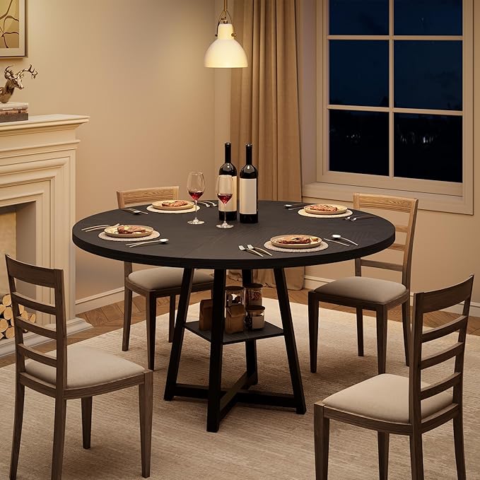 Garvee 47.2 in Round Dining Table for 4-6 People, Industrial Round Kitchen Table with Sturdy Metal Pedestal Base & Storage Shelf, Circle 4 Dinner Table for Dinner, Kitchen, Dining Room